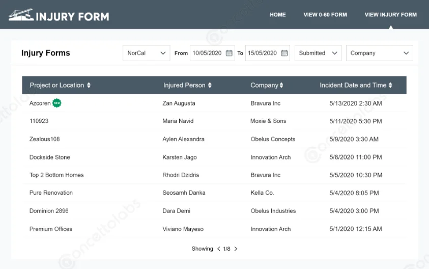 Injury form listing